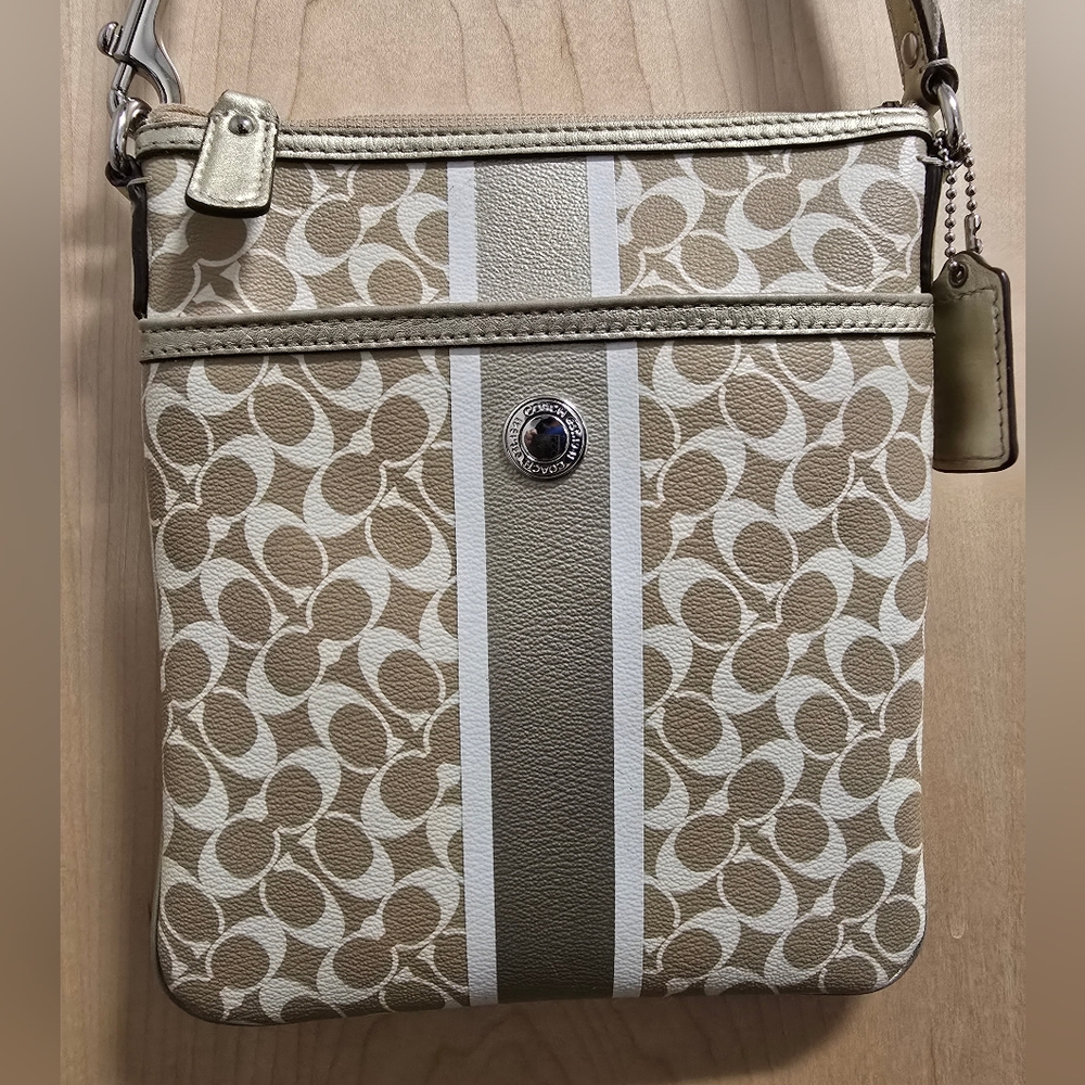 COACH Khaki and Gold Swingpack Crossbody Bag Coated Canvas Signature Stripe - Picture 3 of 16